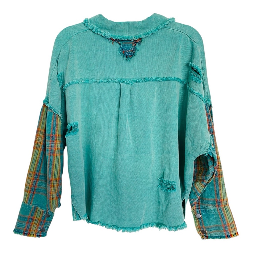 POL Shacket Women’s Medium Teal Denim Plaid Patchwork Distressed Oversized - Picture 2 of 13